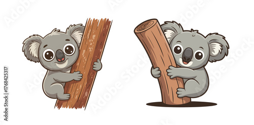 Adorable cartoon koalas hugging tree trunks bring charm to any project, perfect for kid's themes, playful designs, and heartwarming illustrations