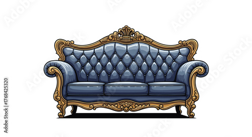 Ornate blue tufted sofa with golden carved wooden frame on a white background.