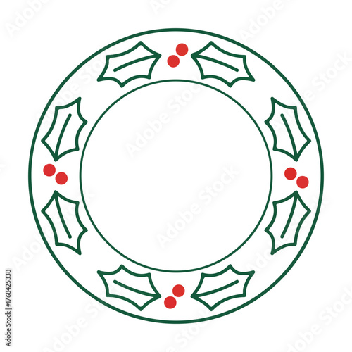 Outline holly leaf Christmas wreath vector illustration, simple line art holiday circle with berries, minimal green festive border design for winter greeting cards
