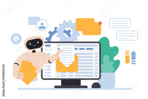Mailbox message management automation and antispam filter with AI service. Cute robot holding envelopes with email letters to receive and send digital correspondence cartoon vector illustration