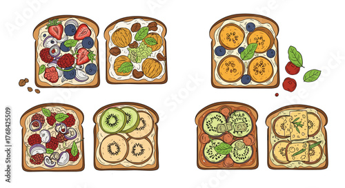 Collection of six different artistic illustrations of healthy toast toppings with fruits and vegetables.