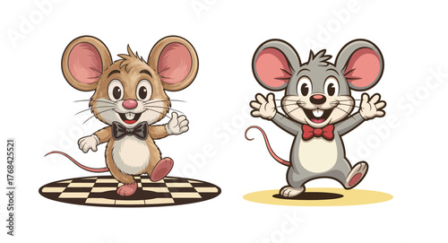 Cheerful cartoon mice friends celebrating with joyful poses and friendly waves, perfect for fun projects