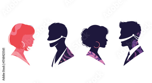 Silhouettes of diverse people wearing masks, symbolizing connection and protection.