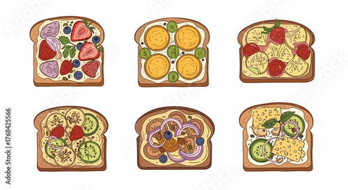 Variety of colorful vegan and vegetarian toast toppings on bread, creating a visually appealing and nutritious breakfast or snack concept.