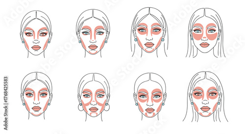 A collection of outlined female faces illustrating various cosmetic application techniques for different makeup looks and face shapes.