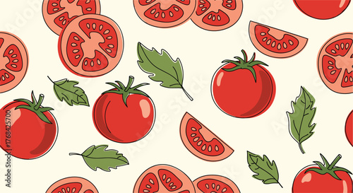 Vibrant seamless pattern featuring tomatoes, tomato slices, and lush green leaves scattered across a light beige background, evoking freshness.