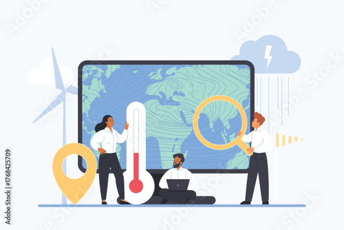 Weather forecast report and climate information, synoptic news prediction, meteorology. Tiny people with thermometer and magnifying glass work on atmospheric world map cartoon vector illustration