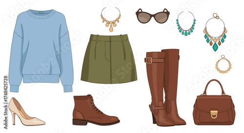 Women's stylish fashion flat lay with a blue sweater, green skirt, brown boots, heels, handbag, sunglasses, and diverse necklaces.