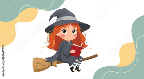 Cute witch girl with red hair reading a book while flying on a broomstick.
