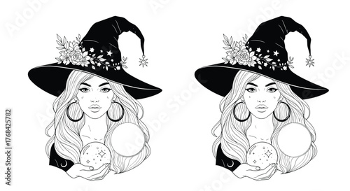 Mystical witch woman with flowing hair, adorned in a floral and star-decorated hat, holding a sparkling crystal ball, black and white line art illustration.