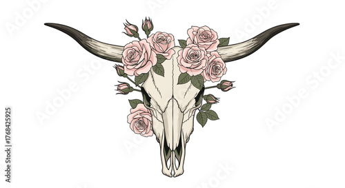 Vintage bull skull adorned with delicate pink roses, blending rustic charm with feminine elegance in a timeless, bohemian-inspired design.