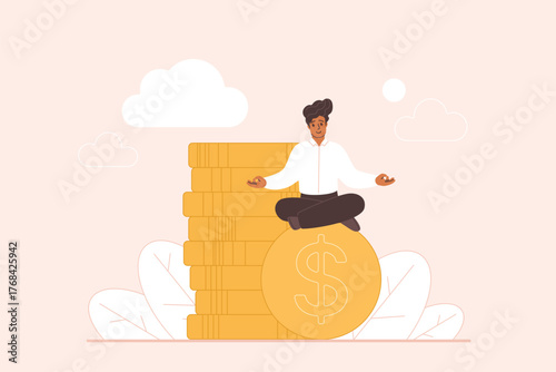 Positive mindset, success investment, financial growth strategy, benefits of entrepreneur. Tiny man sitting in peaceful calm yoga pose on gold coin, concentration on profit cartoon vector illustration