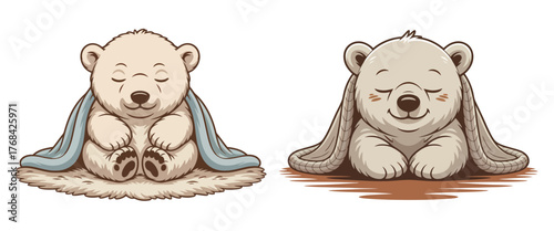 Two adorable, sleepy polar bears snuggled under cozy blankets, radiating warmth and peaceful slumber, perfect for winter themes.
