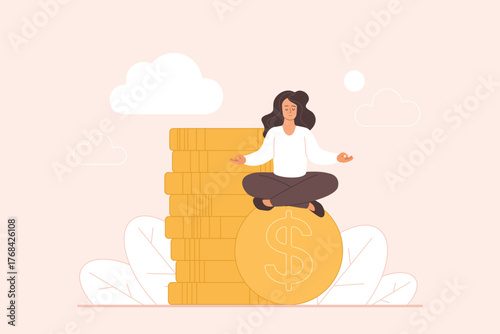 Success investment, positive optimistic financial mindset and wealth of leader. Tiny woman dreaming, sitting in peaceful calm meditation pose on gold money coins stack cartoon vector illustration