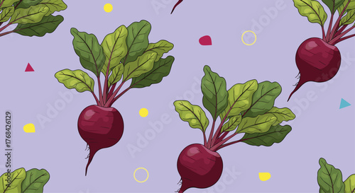 A vibrant and playful seamless pattern featuring fresh beets with green leaves, accented by colorful geometric shapes on a light purple background.