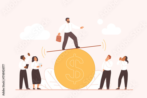 Financial control of balance and stock market stability, instability and investing risk. Tiny risky entrepreneur and leader of business team balancing on golden coin cartoon vector illustration