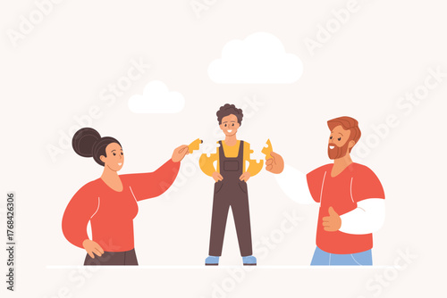 Parenthood, role of adult in child development, behavior, mental health upbringing by father and mother. Tiny man and woman assemble model of boy from puzzle pieces cartoon vector illustration