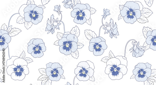 Elegant seamless pattern with pastel blue pansies and intricate floral details, perfect for textile design or romantic backdrops.