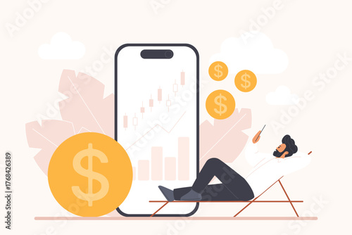 Passive income, easy stock market investment and trade, freedom of remote freelance work. Tiny rich businessman lying to relax, candlestick chart up on smartphone screen cartoon vector illustration