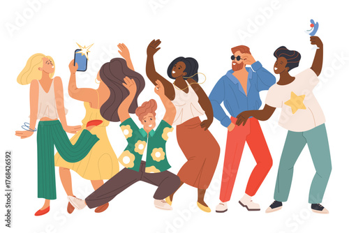 Happy dance party of friends, fun energetic festival and concert with multiethnic crowd of people. Smiling woman and man dancing to music with arm up, drink cocktail cartoon vector illustration