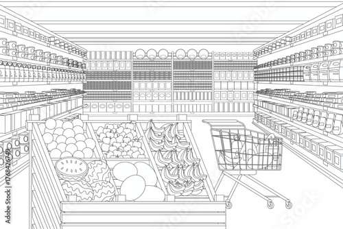 Perspective view of supermarket or store grocery interior with wooden racks of fruit and shopping cart with food. Retail shop aisle background, hypermarket department vector illustration cartoon