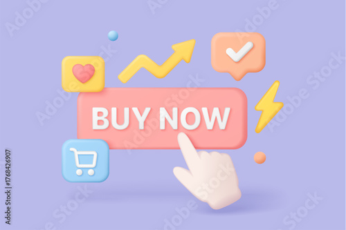 Buy now button in 3d style with hand cursor, shopping cart, heart, checkmark, and arrow icons for ecommerce marketing and website conversion vector illustration