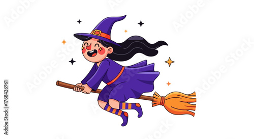 Whimsical Halloween: A Cheerful Witch Soaring Through the Starry Night on her Broomstick