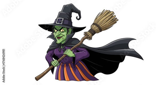 Cartoonish halloween witch with traditional hat and broom against white backdrop illustration