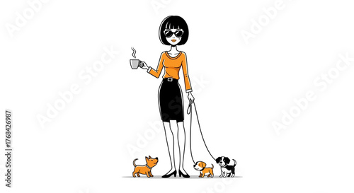 Stylish woman cartoon character enjoying coffee while walking her three adorable puppies