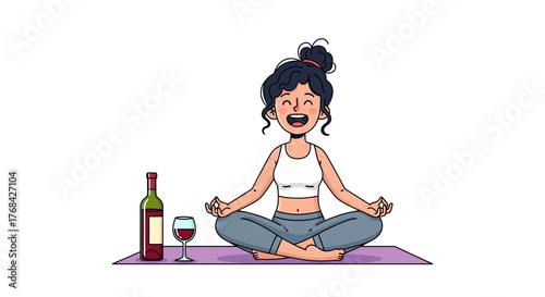 Cartoon woman practices mindful meditation yoga pose with wine bottle for relaxation