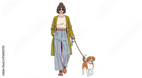 Stylish young woman with sunglasses, walking a beagle dog, enjoying leisure time in a fashionable