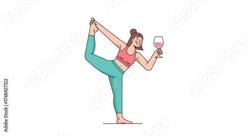 Balancing act of yoga with wine glass for wellness and relaxation depiction