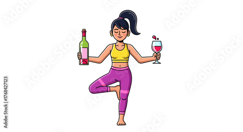 Wine yoga balance a cartoon illustration of fitness and relaxation with a bottle and glass
