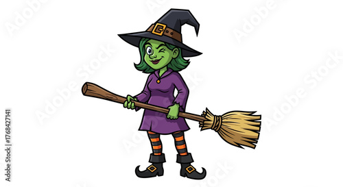 Cartoon witch winking with a broom, perfect for a Halloween themed graphic or educational