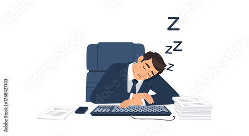 A fatigued employee dozing at his office desk during work hours exhaustion concept