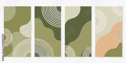 Set of four abstract organic shapes and arc line art in muted earthy tones