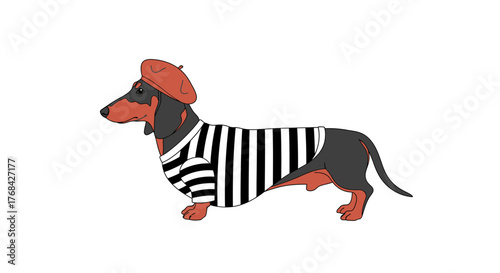 Elegant dachshund illustration with a beret and striped shirt for charming designs