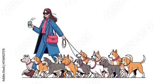 Fashionable dog walker with a large group of dogs enjoying a city stroll and her morning coffee