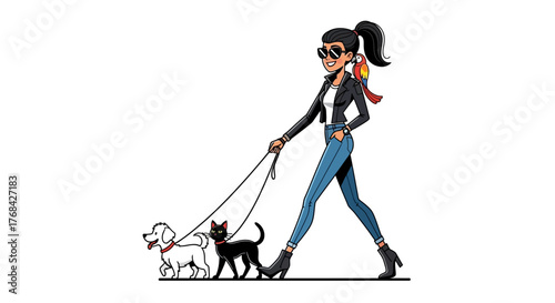 Stylish woman confidently walking a dog, cat, and parrot on a leash on white backdrop
