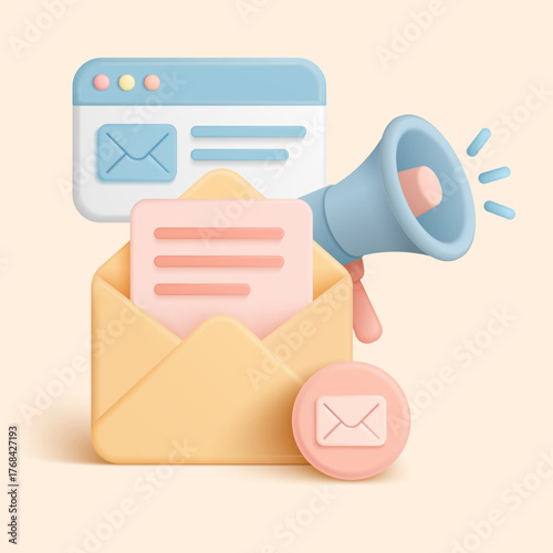 Modern 3d style envelope, megaphone, and email window symbolize digital marketing, newsletter promotion, and online communication on an isolated background vector illustration