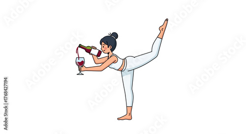 Serene balance woman, graceful yoga posture while pouring delightful wine from bottle to glass