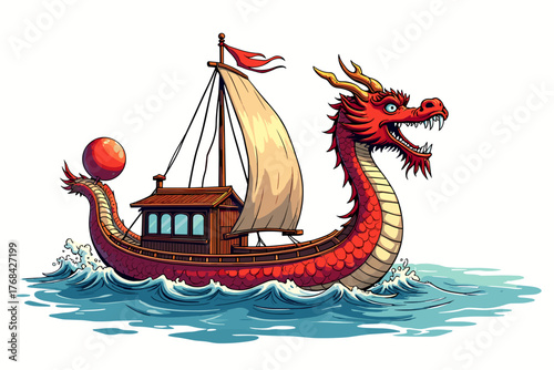 Dragon boat miniature with vibrant colors sailing on blue water in graphic art style