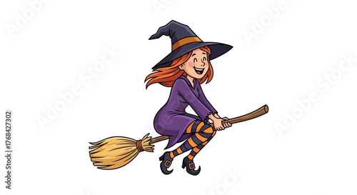 Cartoon witch gracefully soaring on a broomstick with charming smile and cheerful expression