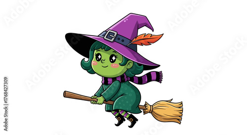 A charming cartoon witch glides on a broomstick against a clean white backdrop for halloween