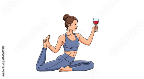 Whimsical illustration: A serene woman balancing yoga and enjoying red wine gracefully