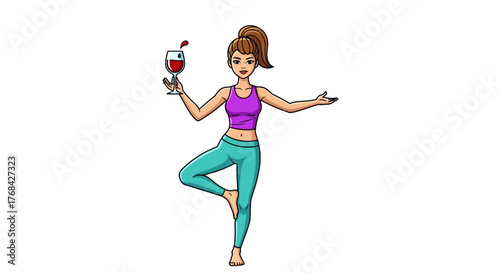 Cartoon woman in tree pose holding wine glass promoting balancing relaxation