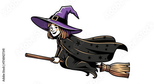 Cartoon witch soaring on a broomstick with a large pointed hat against a clean white background