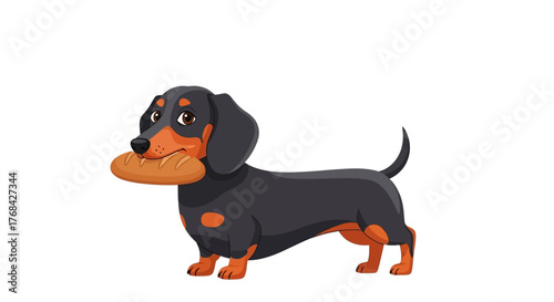 Playful dachshund carrying a loaf of bread in its mouth on a white background, rendered in a