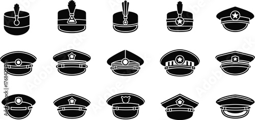 Military hat icon collection, police cap silhouettes, uniform headgear symbols, official insignia graphics, authority design set, flat vector illustration