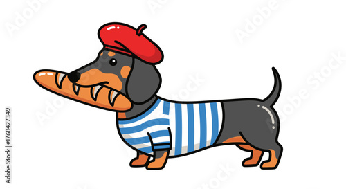 A charming cartoon dachshund with a beret and striped shirt, holding a baguette with a playful